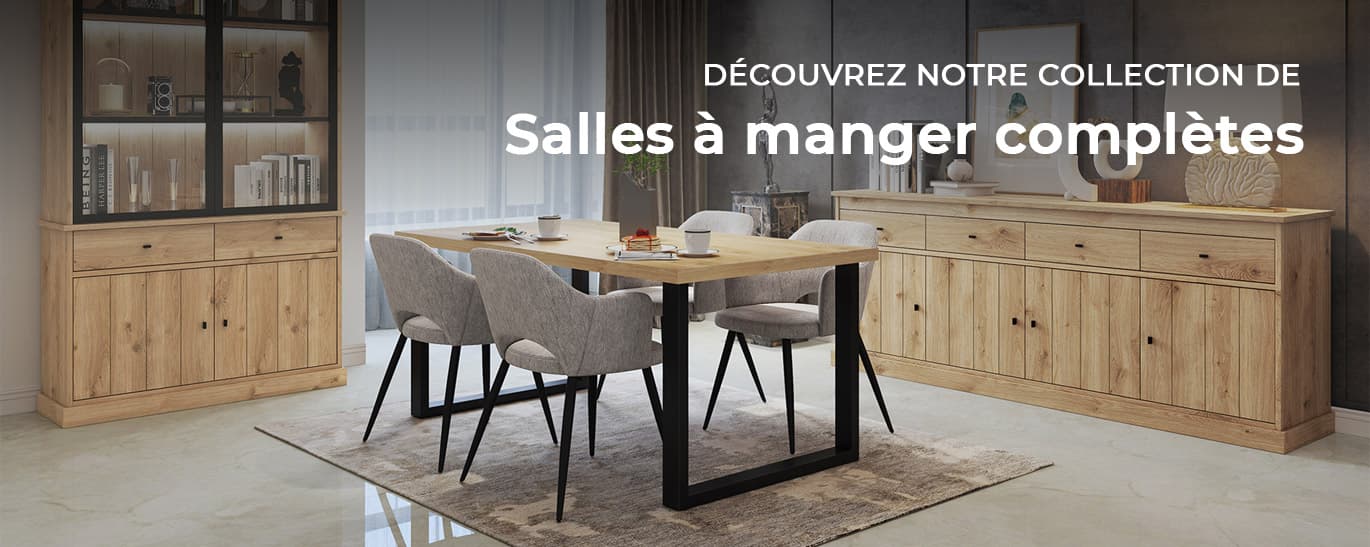 Salle à manger complète avec table, chaises et buffet présentée par Matelpro