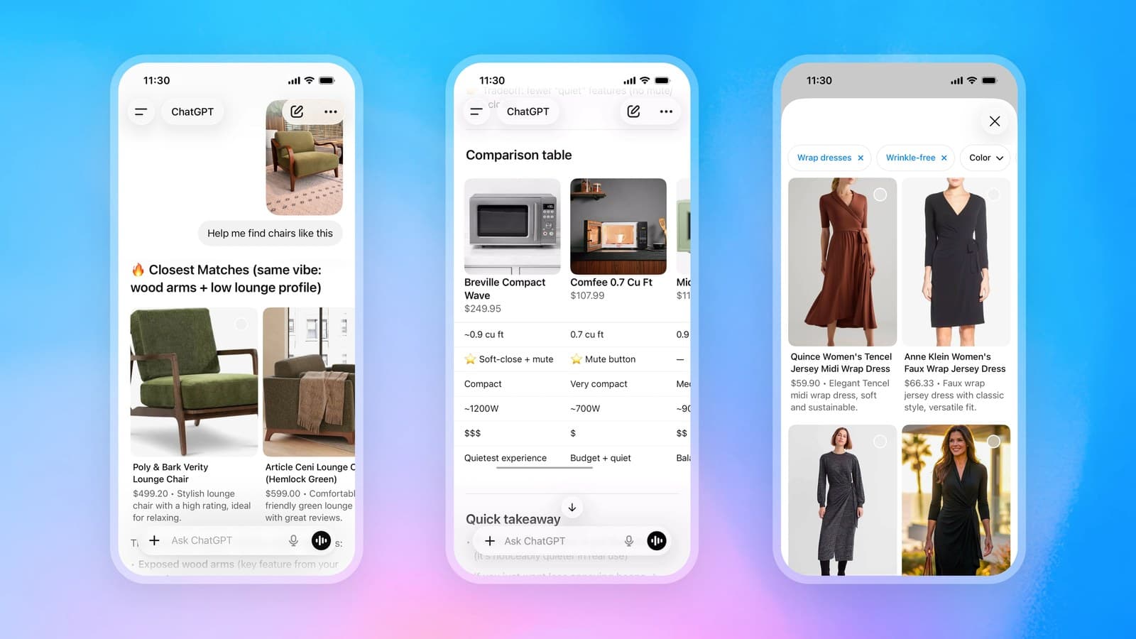 Interfaces mobiles ChatGPT montrant des recommandations de produits et un tableau de comparaison