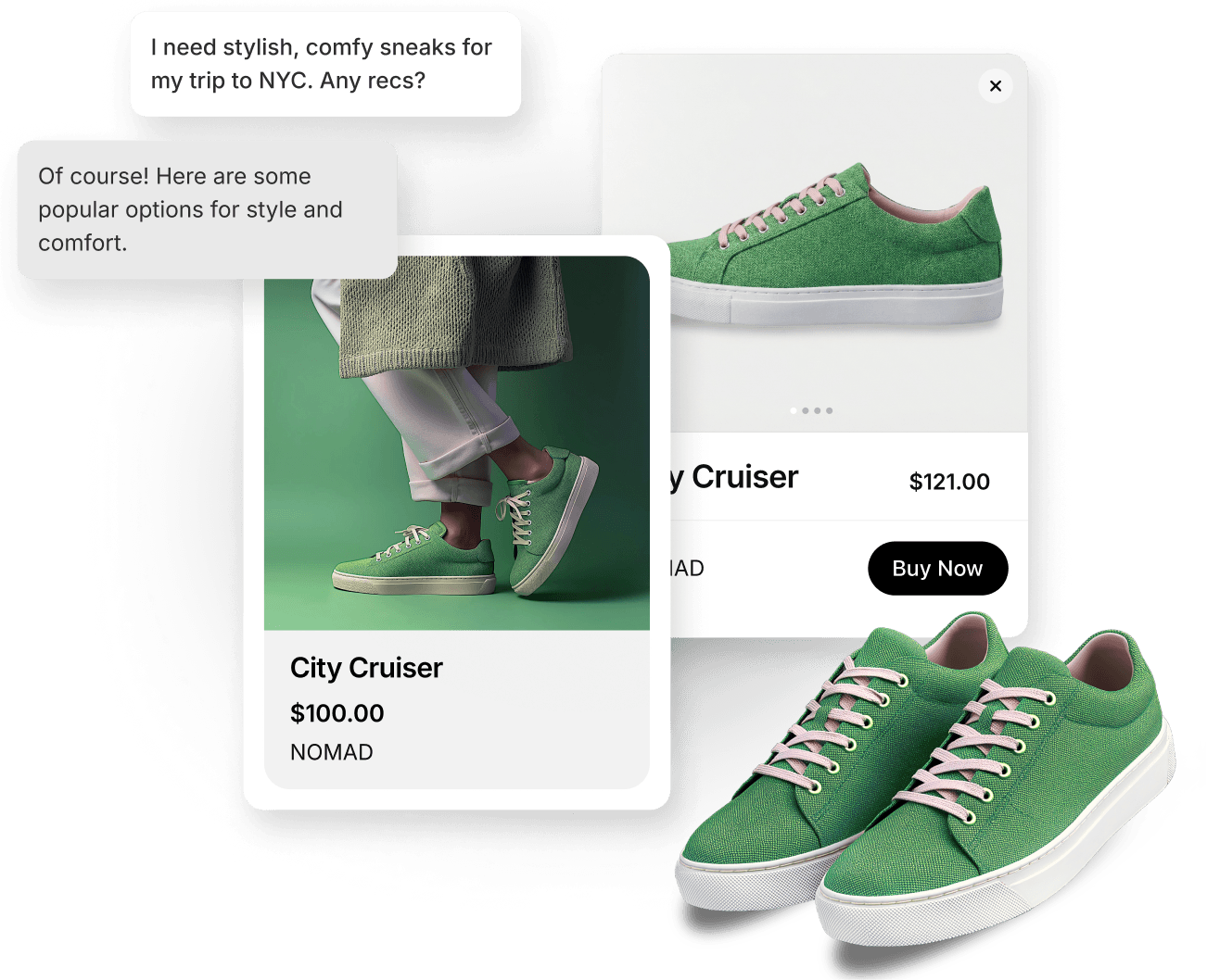 Interface Shopify montrant un achat possible dans une conversation IA