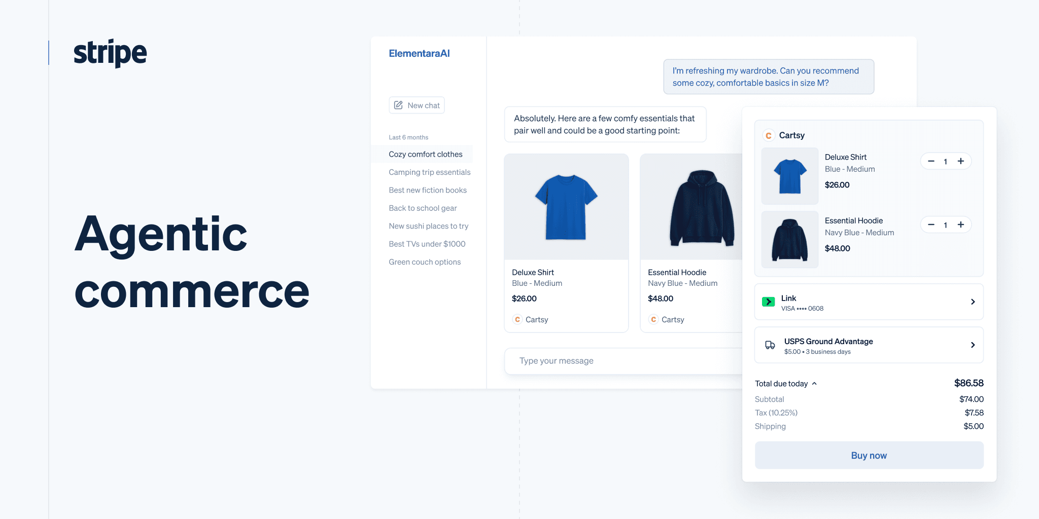 Interface Stripe illustrant un achat par agent IA avec paiement intégré