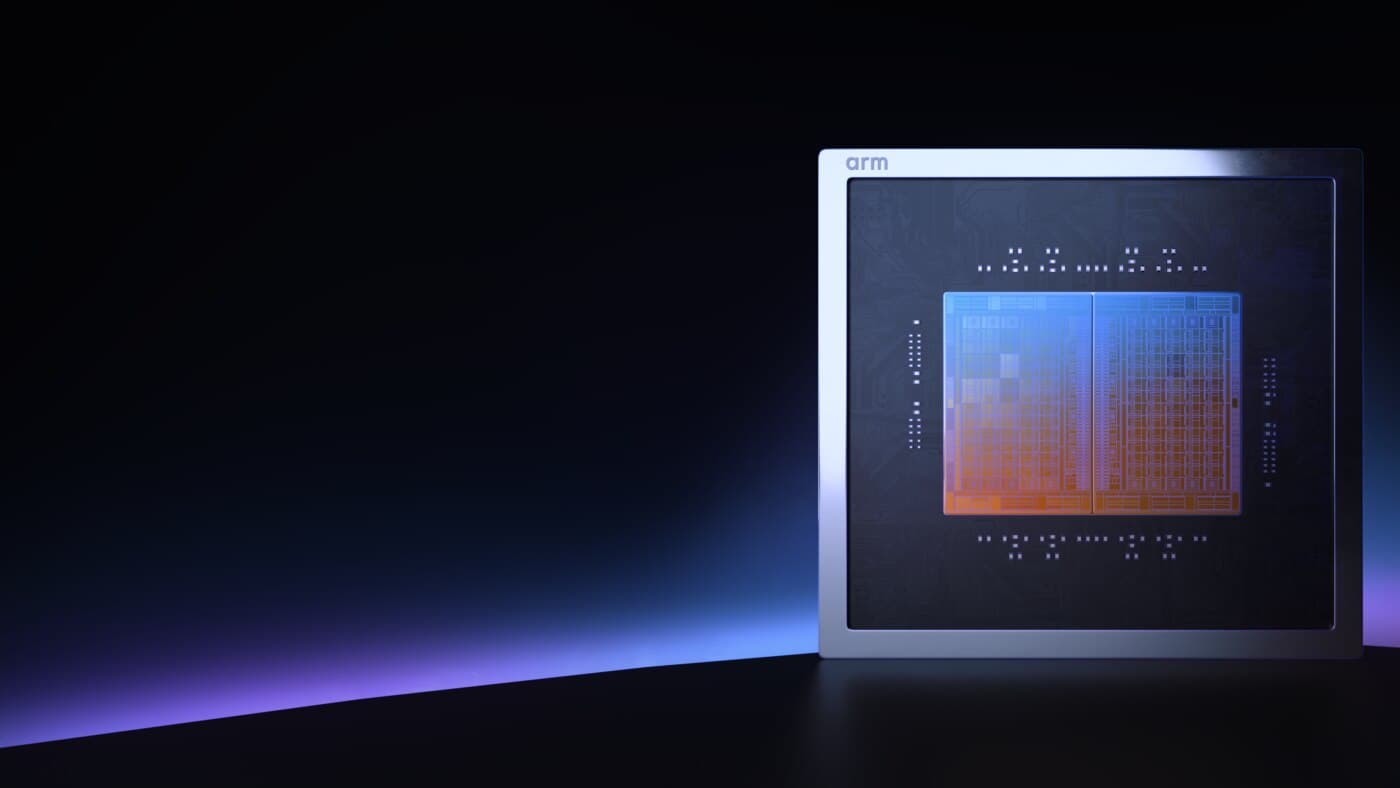 Processeur Arm AGI CPU présenté sur un fond bleu