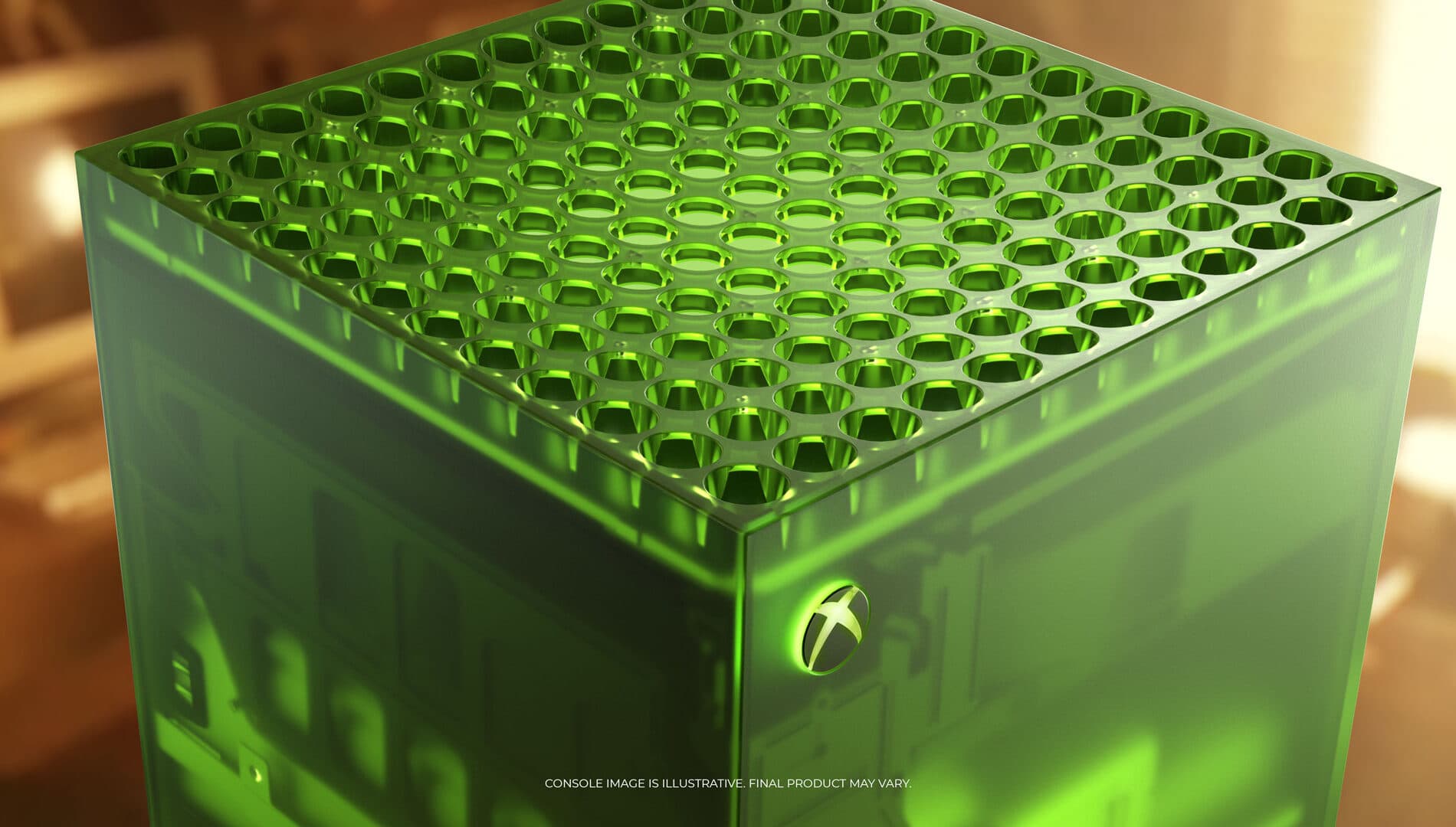 Gros plan sur la console Xbox Series X25 translucide verte et sa manette