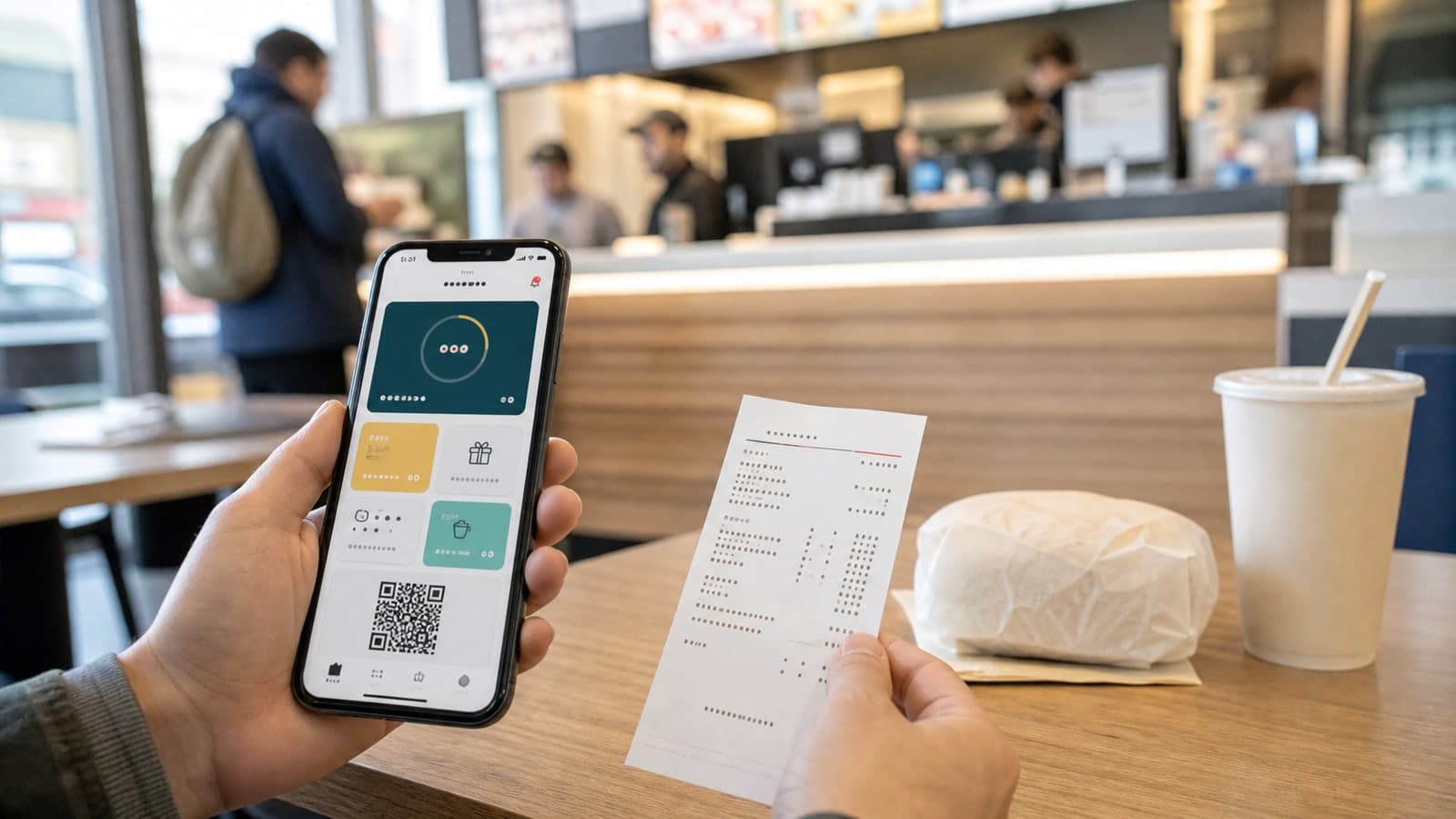Client utilisant sur son smartphone une application de fidélité avec QR code dans un restaurant rapide