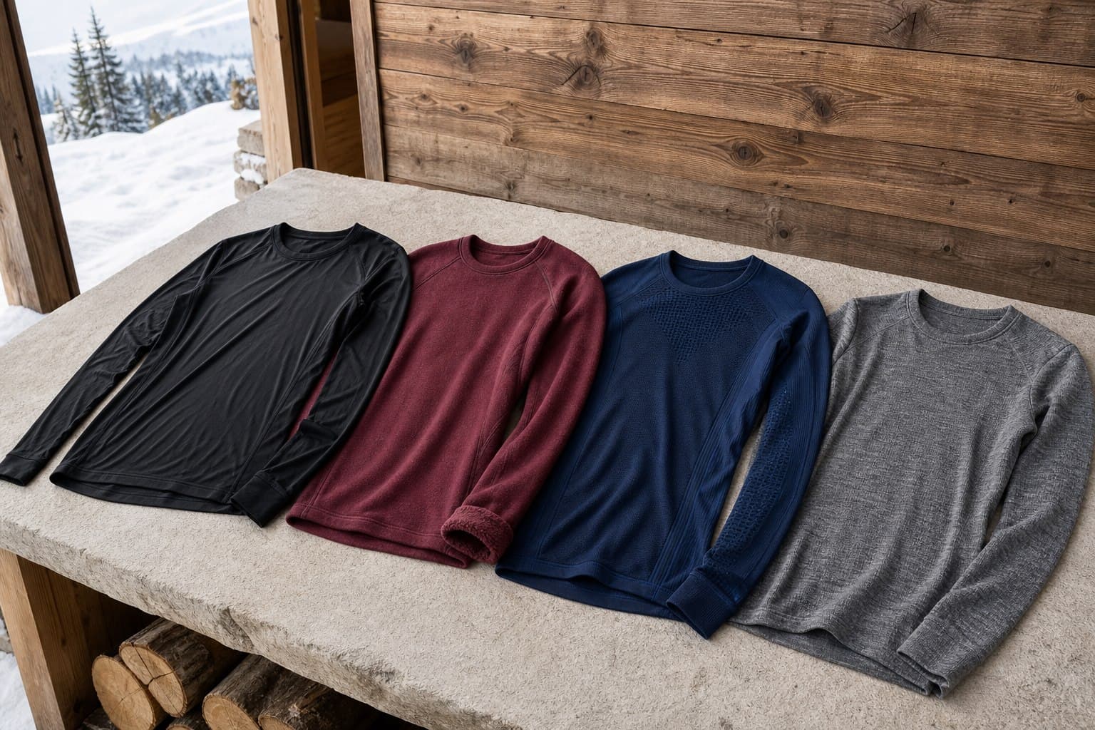 Quatre hauts thermiques sans marque en synthétique fin, maille brossée, textile sport et laine mérinos
