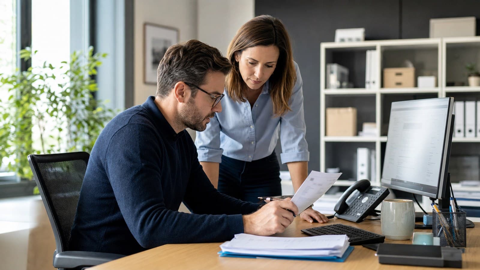 Deux professionnels contrôlent ensemble une facture et les coordonnées bancaires avant un virement