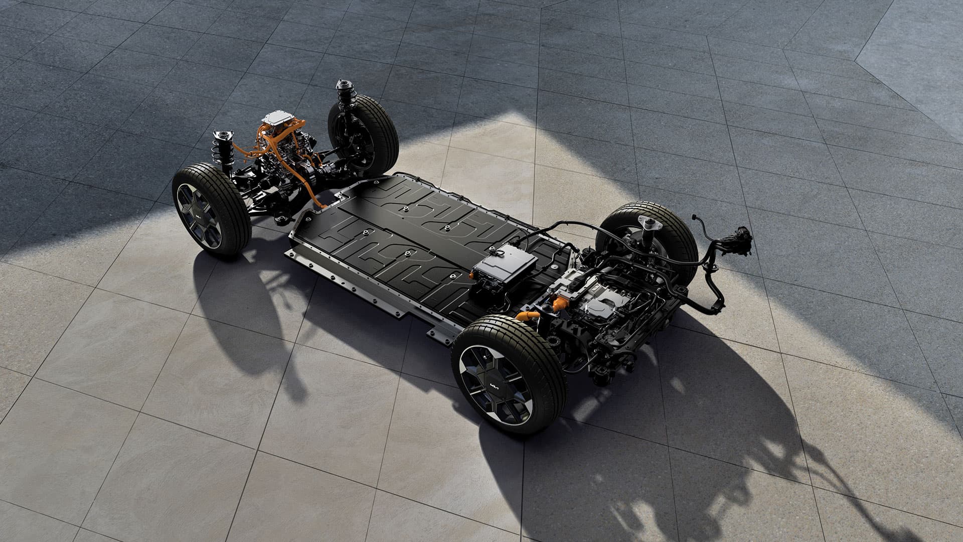 Plateforme électrique E-GMP avec batterie intégrée entre les essieux