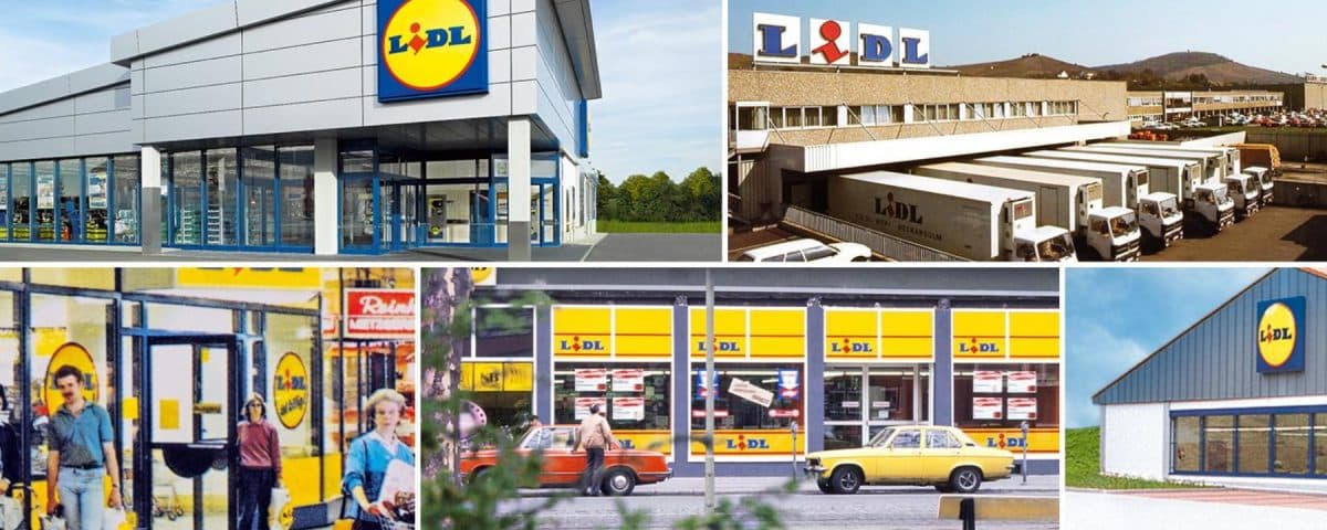Montage officiel montrant un magasin Lidl actuel et des archives des débuts de l'enseigne