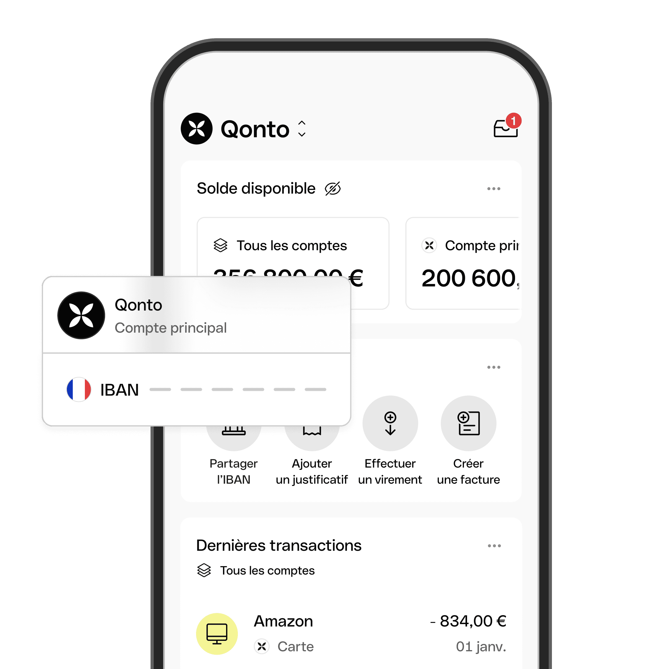 Interface Qonto sur ordinateur et mobile avec solde, IBAN, cartes et opérations d'un compte professionnel