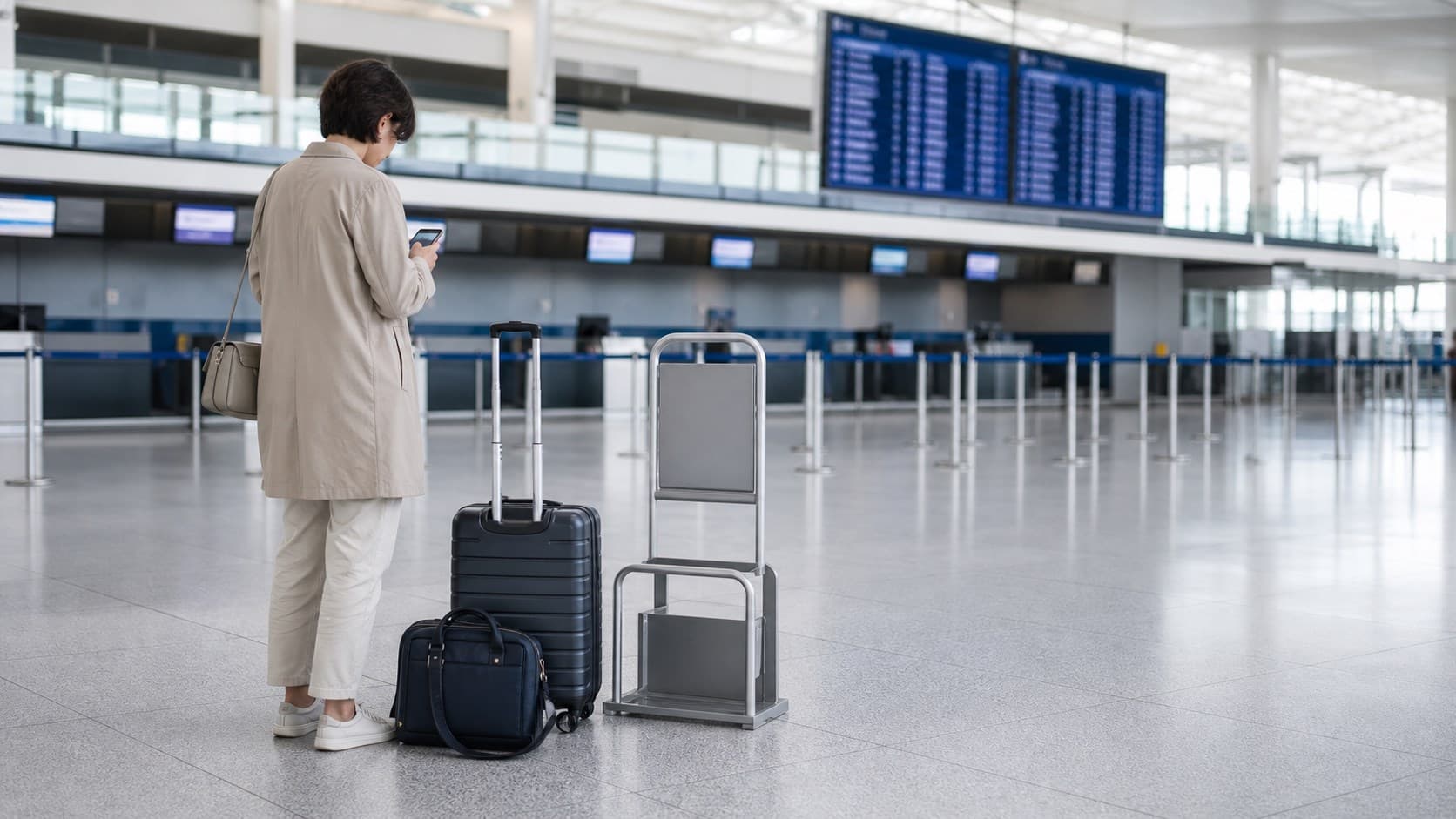 Voyageuse comparant un billet d'avion sur son téléphone près d'un petit sac et d'une valise cabine dans un aéroport