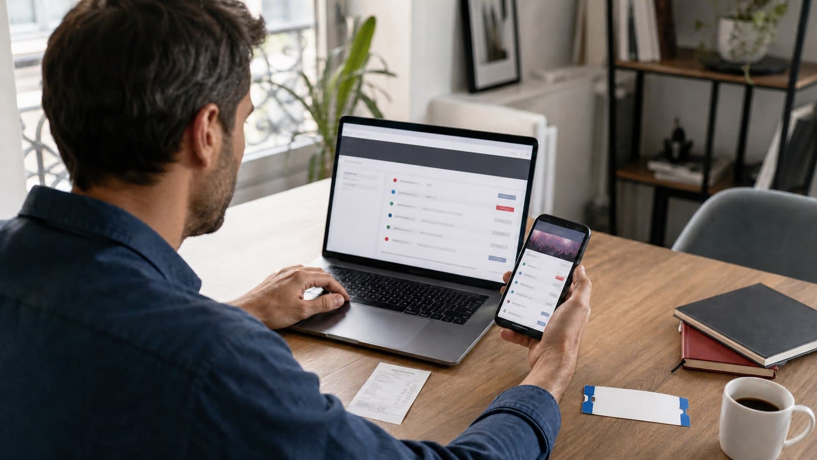 Acheteur comparant sur ordinateur et smartphone le prix d'un billet et le total demandé sur une plateforme de revente