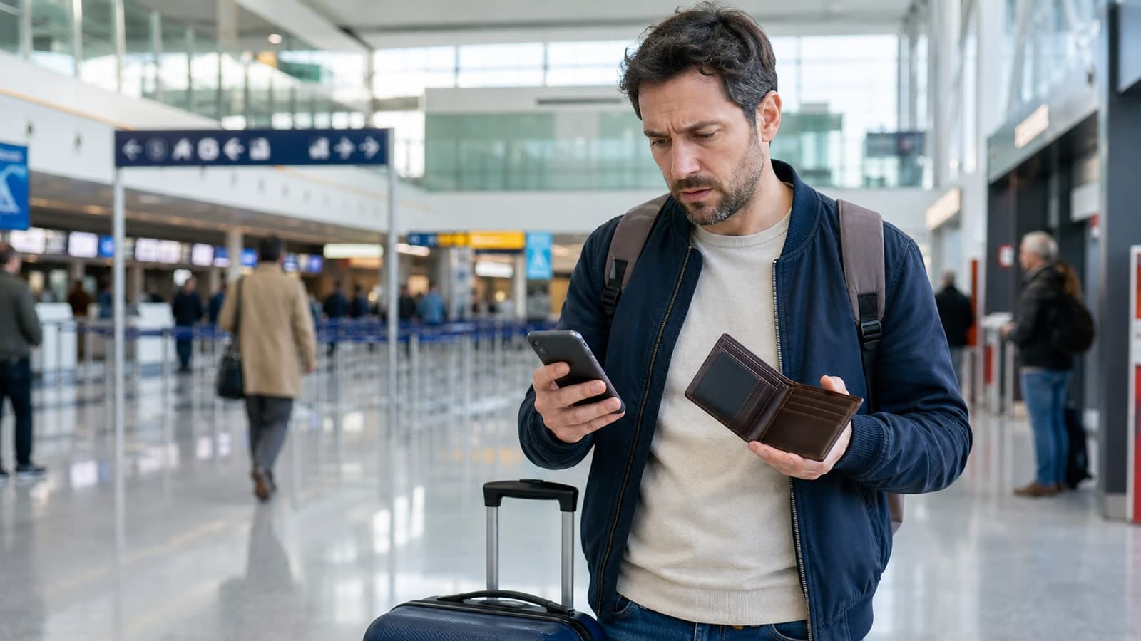 Voyageur constatant la disparition de sa carte bancaire dans un aéroport et consultant son téléphone