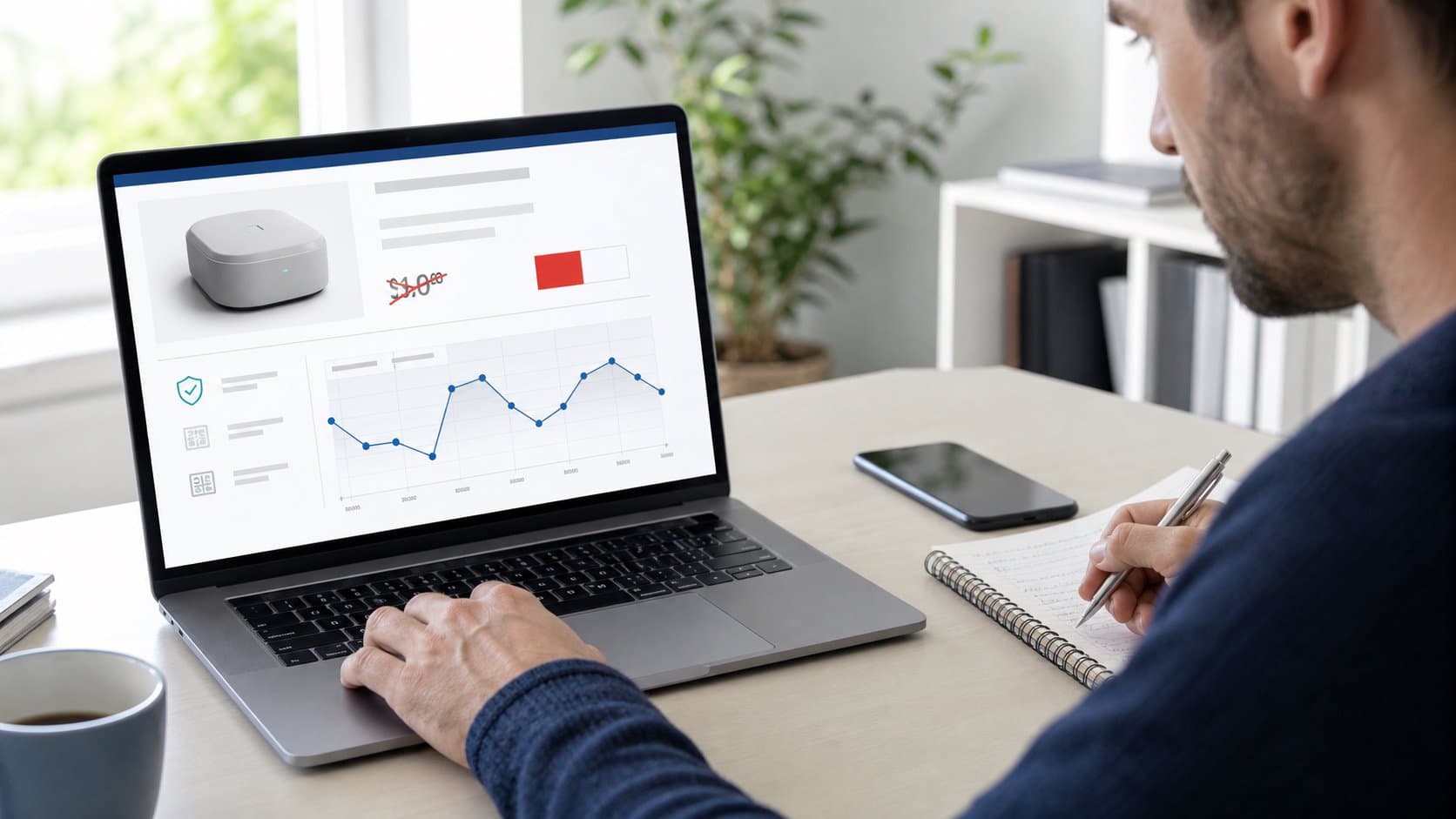 Consommateur comparant une promotion en ligne avec la courbe historique du prix sur un ordinateur