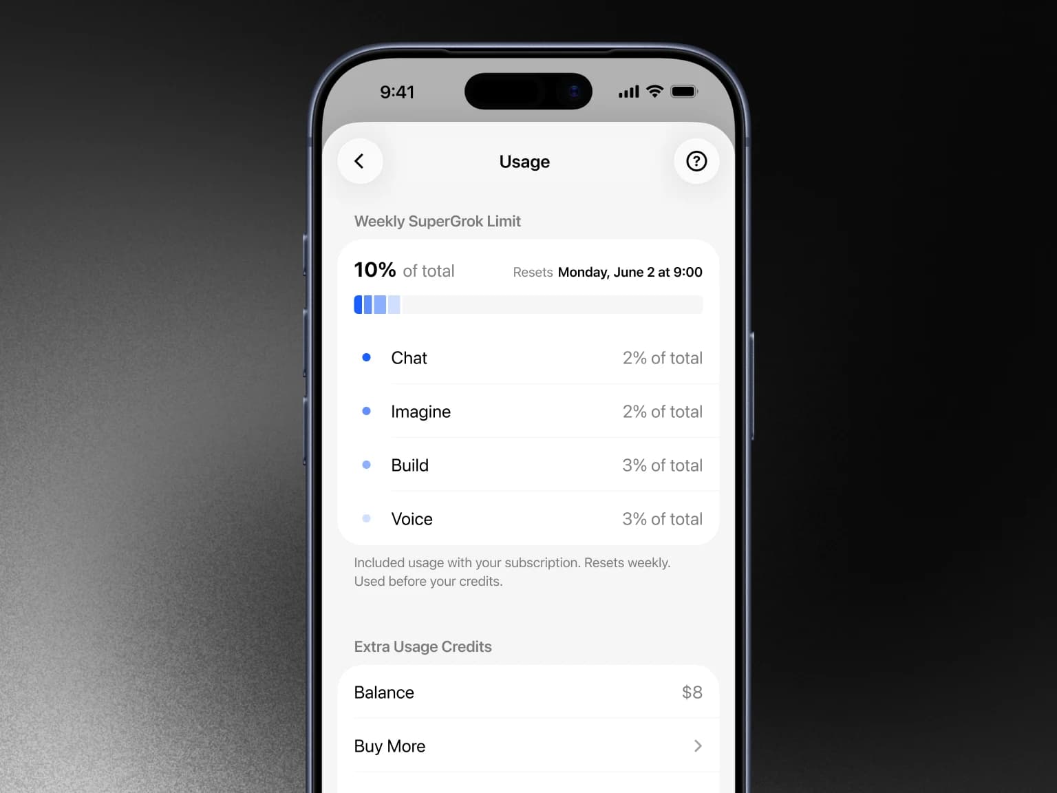 Interface mobile officielle Grok montrant la répartition du quota hebdomadaire entre Chat, Imagine, Build et Voice