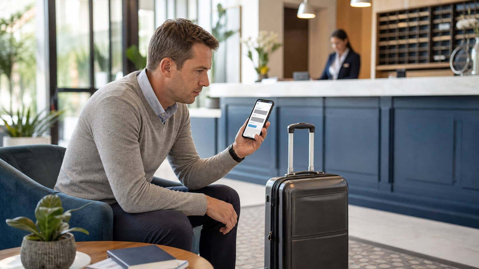 Voyageur comparant le prix total d'un hébergement sur son téléphone dans le hall d'un hôtel