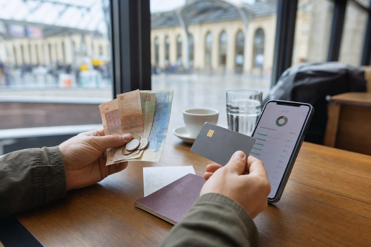 Voyageur comparant une carte bancaire, des espèces et son budget sur un téléphone avant de payer à l'étranger