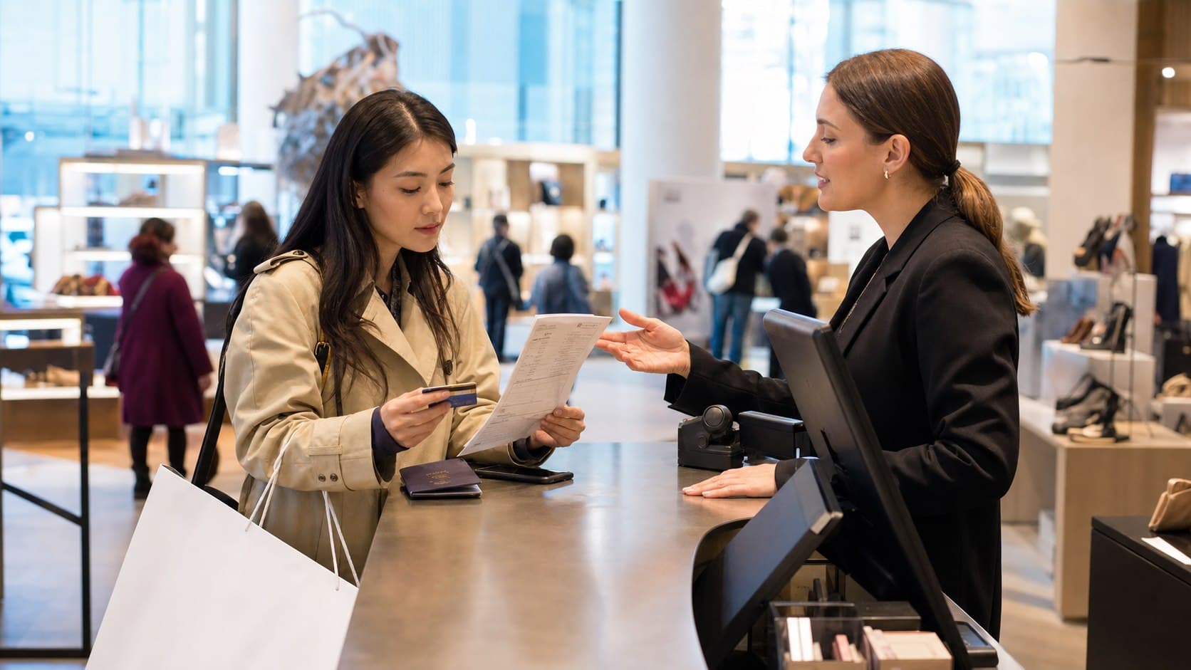 Voyageuse examinant un bordereau de détaxe et une carte de paiement dans un grand magasin européen
