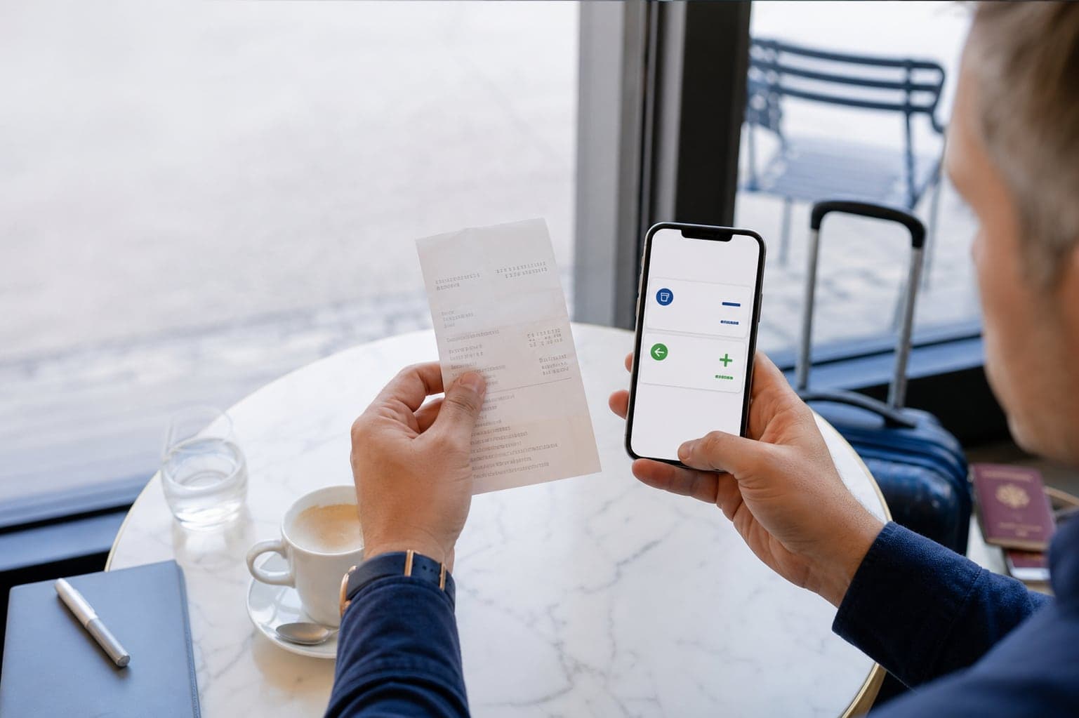 Voyageur comparant un reçu d'achat avec un débit et un remboursement affichés sur son téléphone
