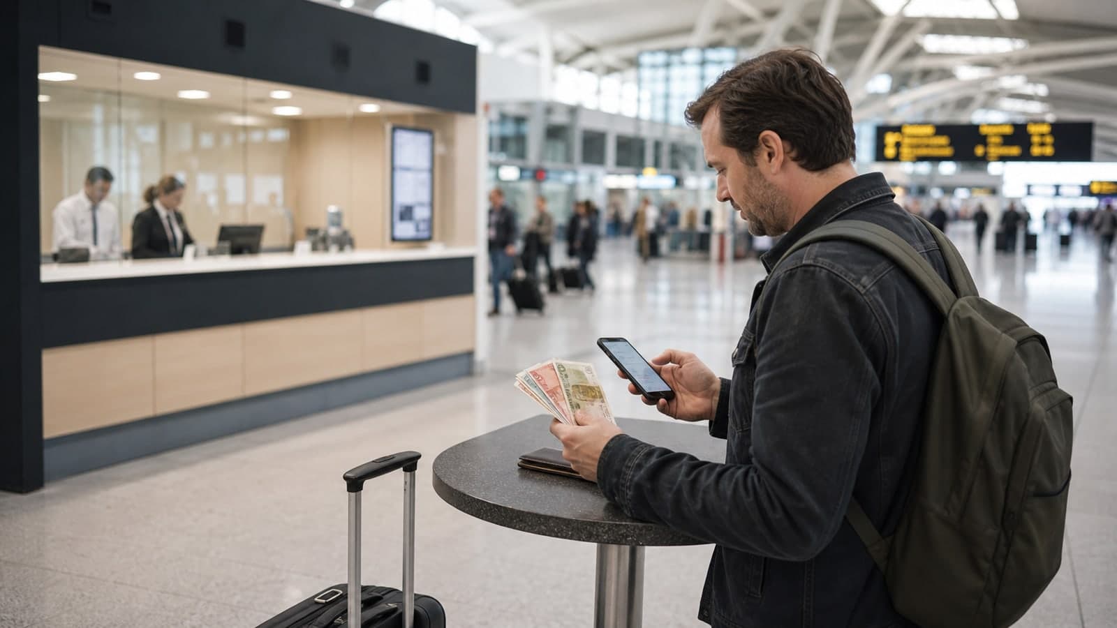 Voyageur comparant des billets en devises et un taux sur son téléphone devant un bureau de change d'aéroport