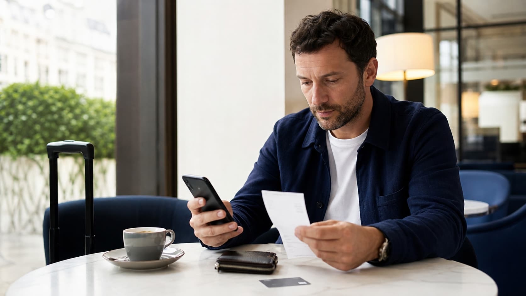 Voyageur comparant un reçu en devise avec une opération de carte affichée sur son téléphone