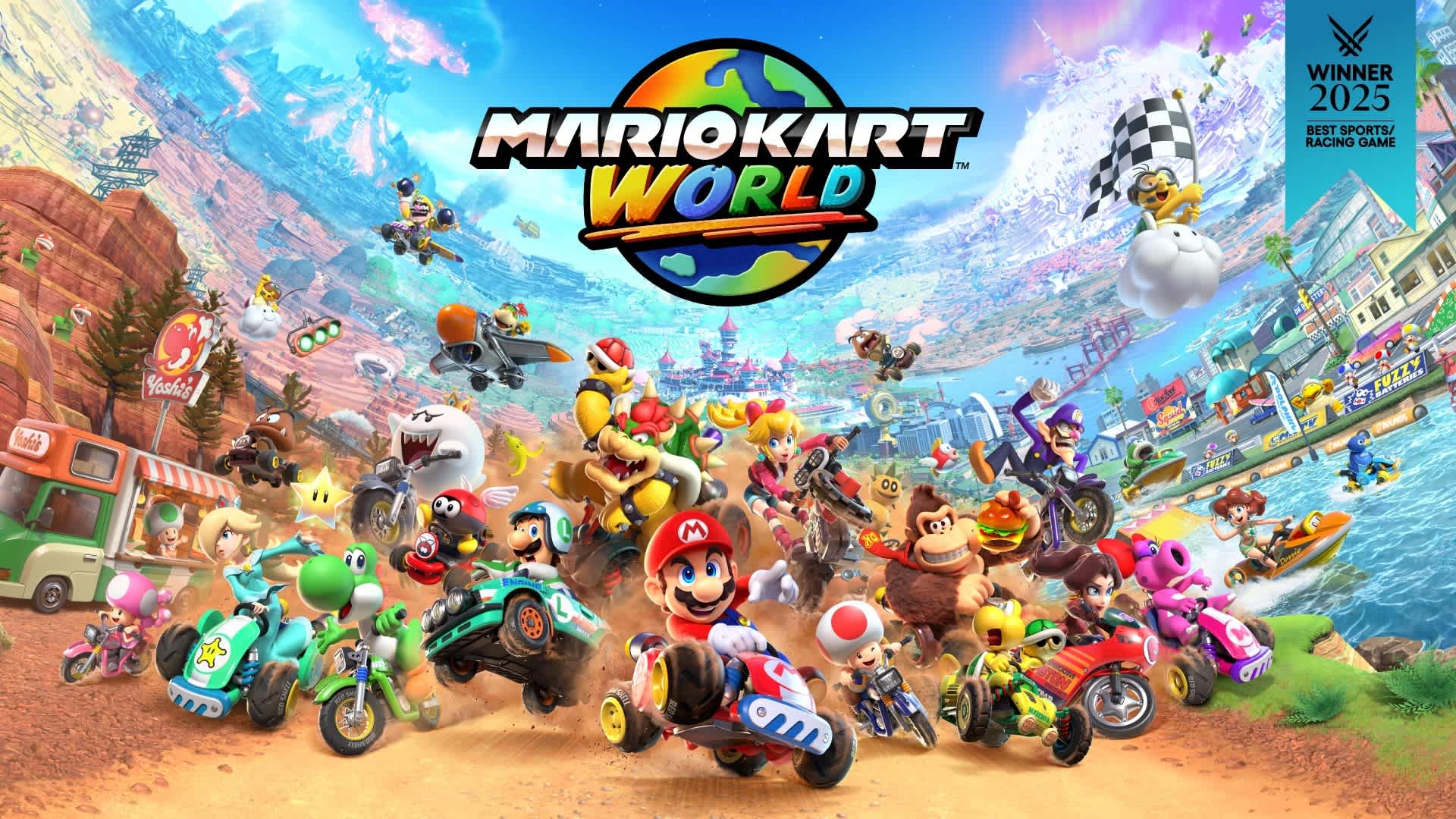 Visuel officiel Mario Kart World illustrant le catalogue de lancement de la Nintendo Switch 2
