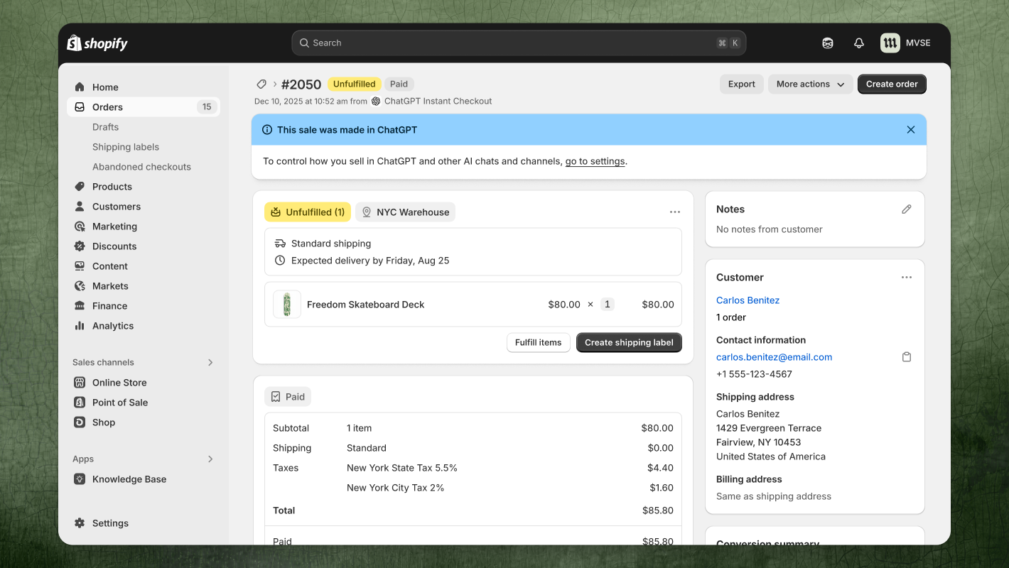 Interface Shopify Admin indiquant une commande issue de ChatGPT Instant Checkout