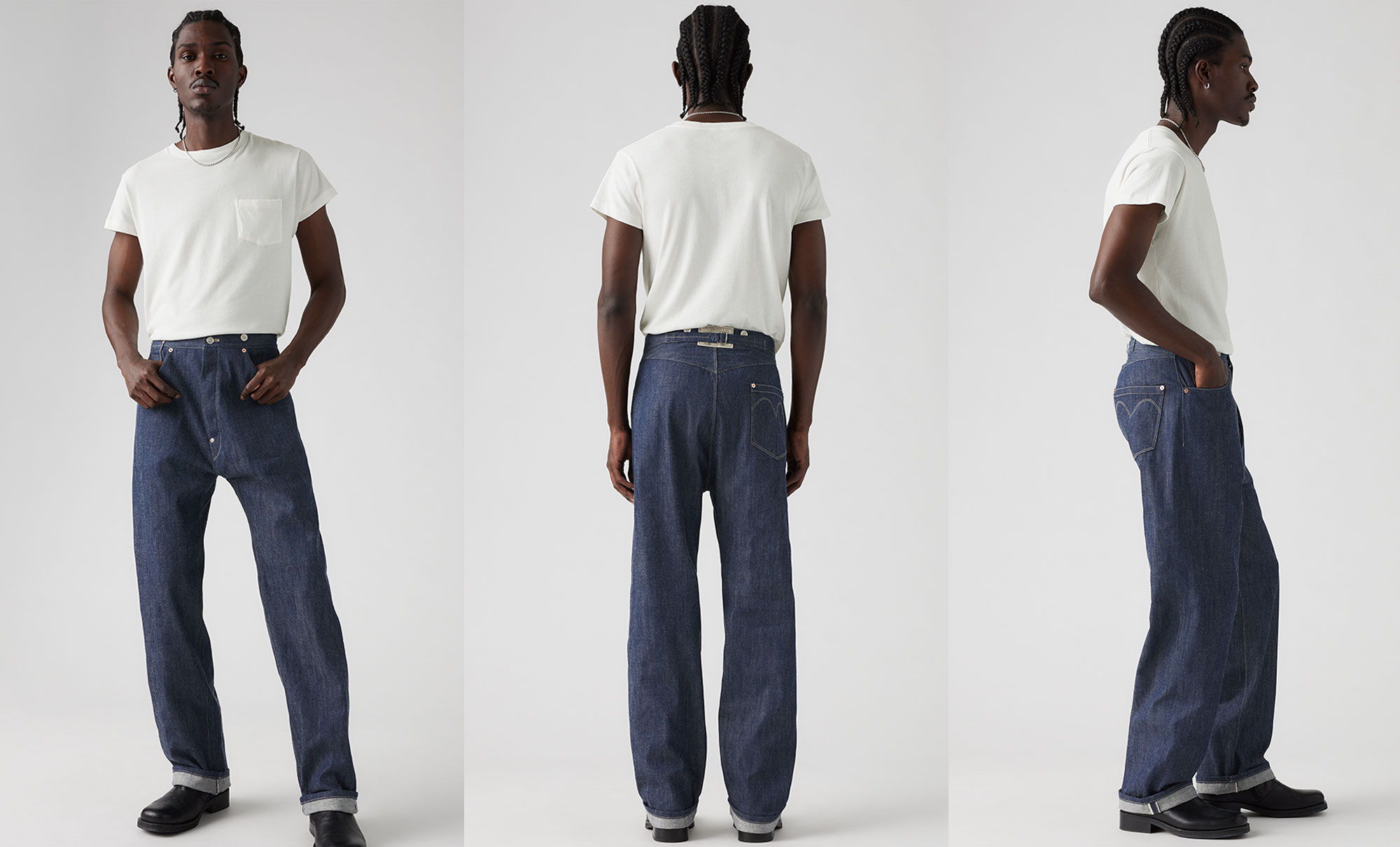 Reproduction officielle du plus ancien jean conservé dans les archives Levi's, vue de face, de dos et de profil