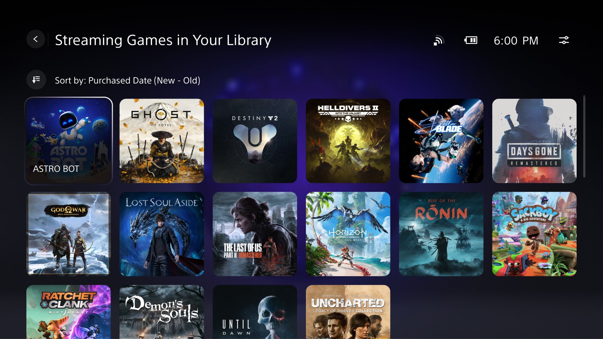 Interface PlayStation Portal affichant une bibliothèque de jeux disponibles en cloud streaming