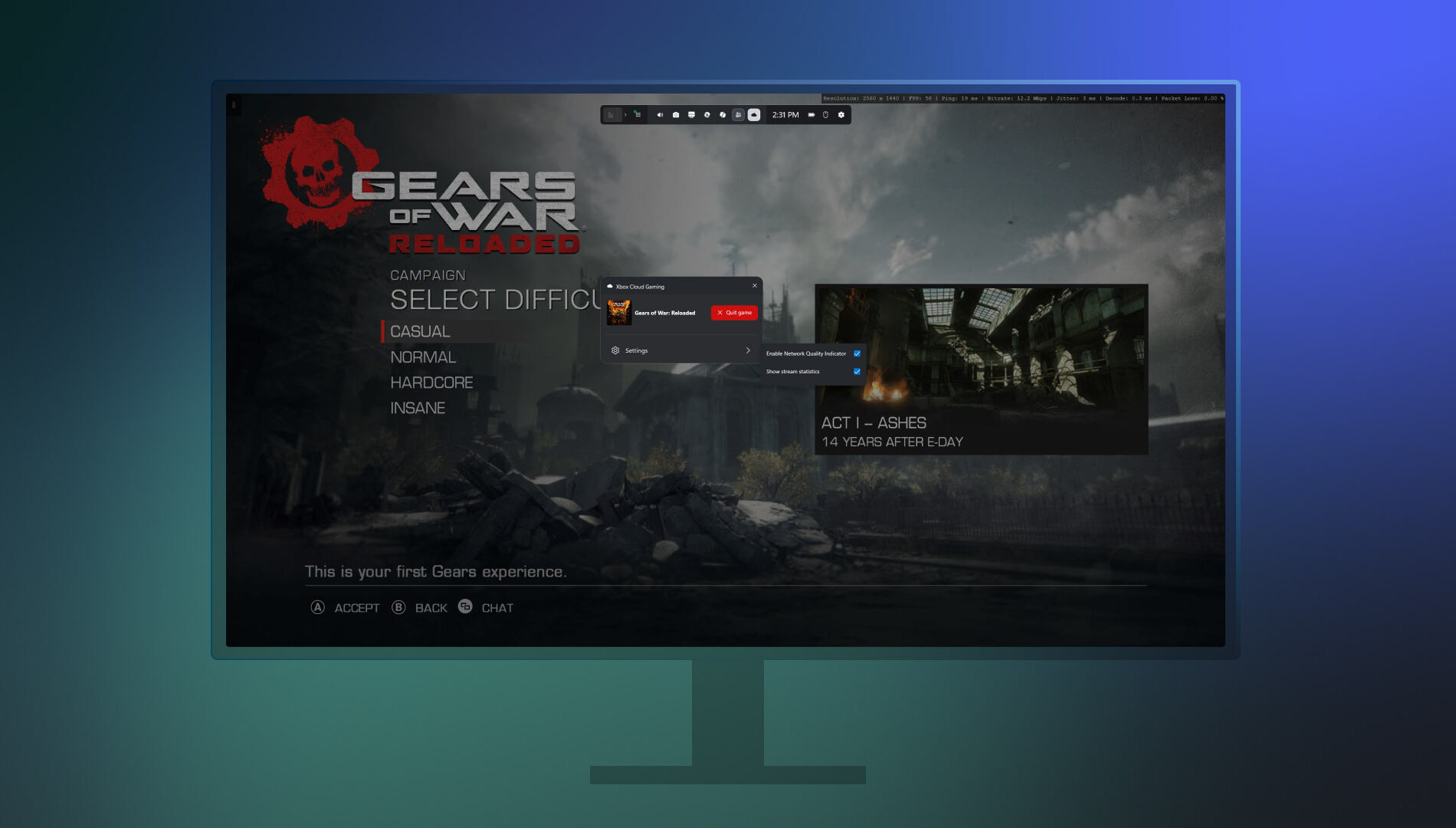 Jeu diffusé par Xbox Cloud Gaming sur un écran avec une manette Xbox au premier plan