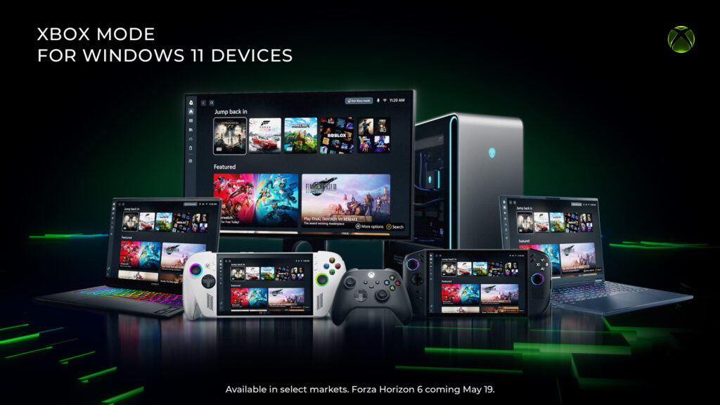 Xbox Mode présenté sur un ordinateur de bureau, des PC portables et une console portable Windows 11