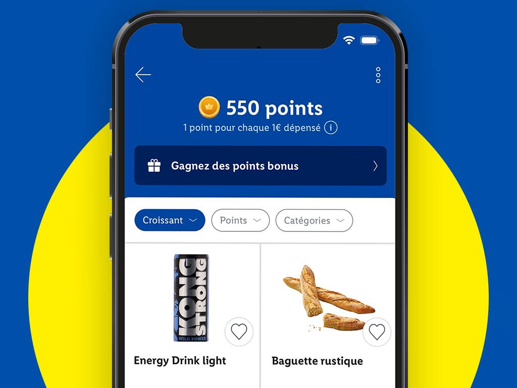 Écran de l'application Lidl Plus affichant 550 points et des produits disponibles en récompense