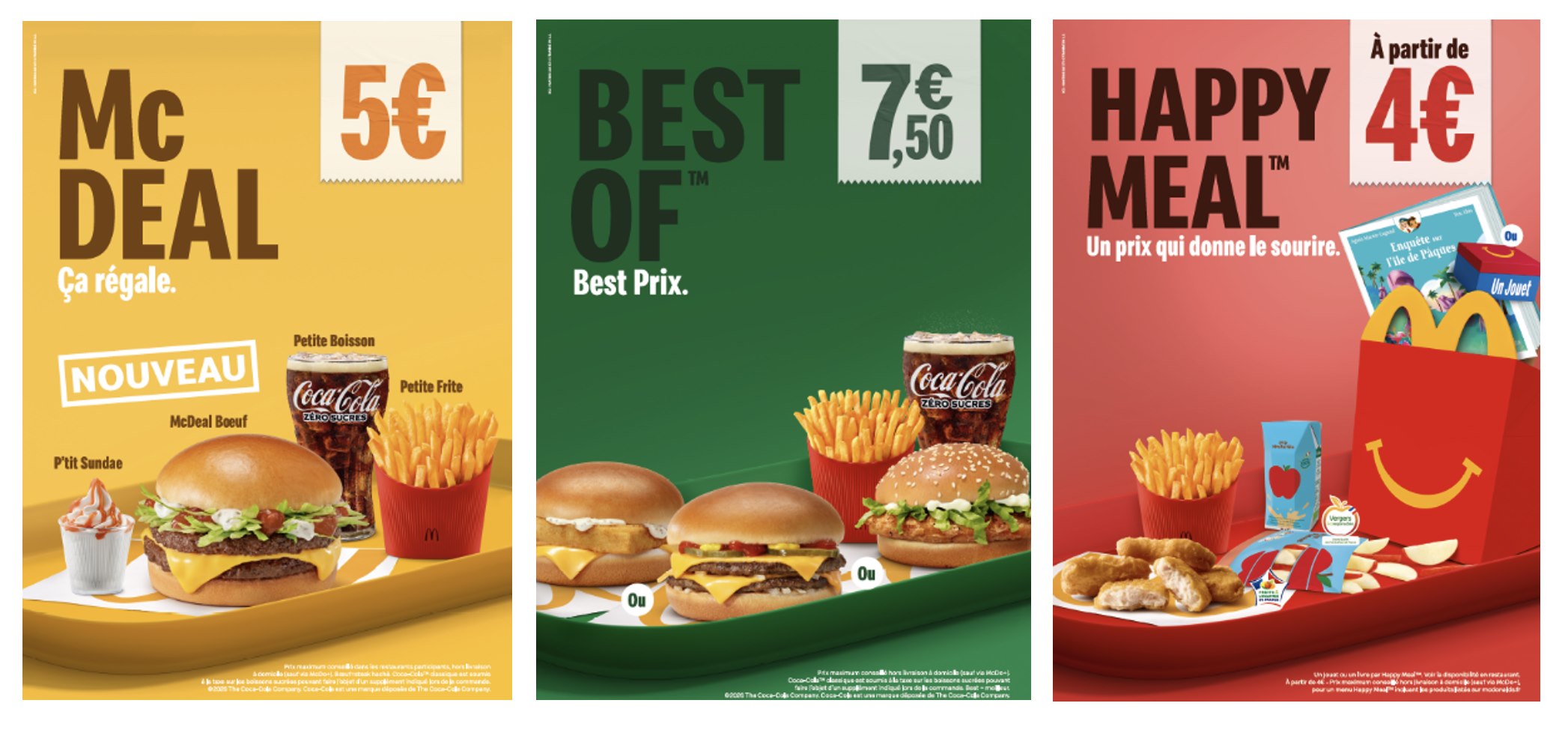 Campagne McDonald’s France présentant le McDeal à 5 euros, trois Best Of à 7,50 euros et le Happy Meal à partir de 4 euros