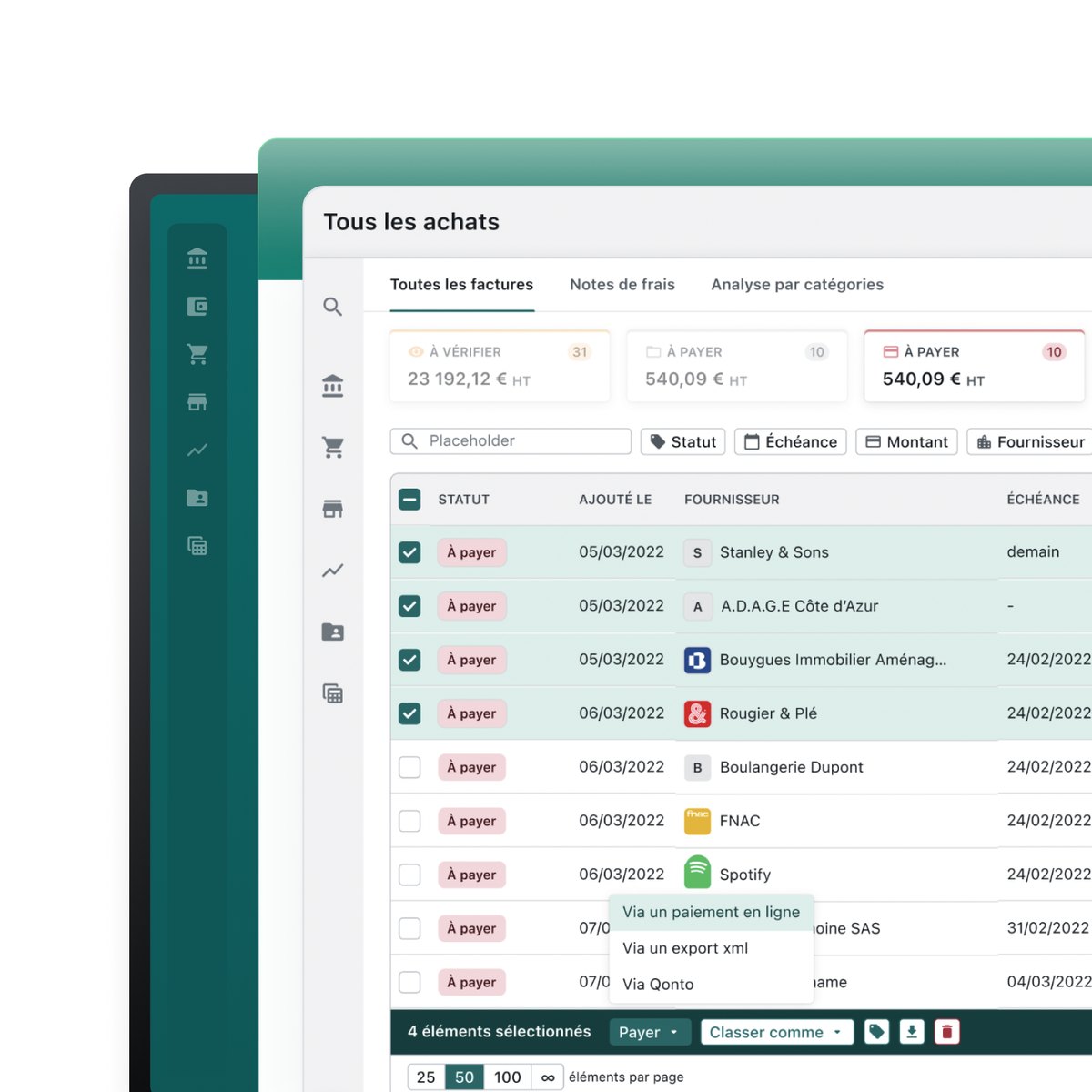 Interface Pennylane présentant des factures et leur traitement comptable