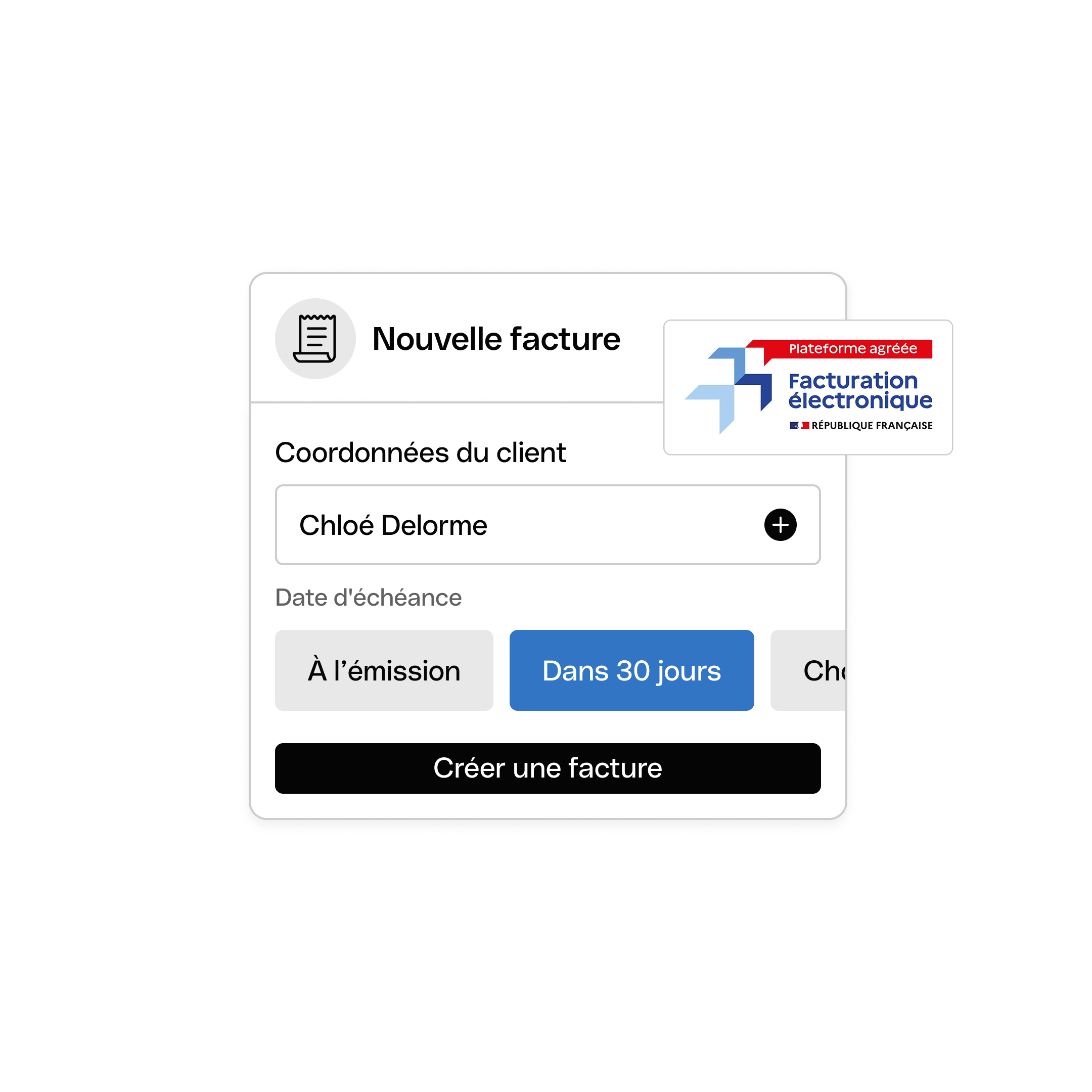 Interfaces Qonto affichant une facture client, son statut et son rapprochement avec un paiement