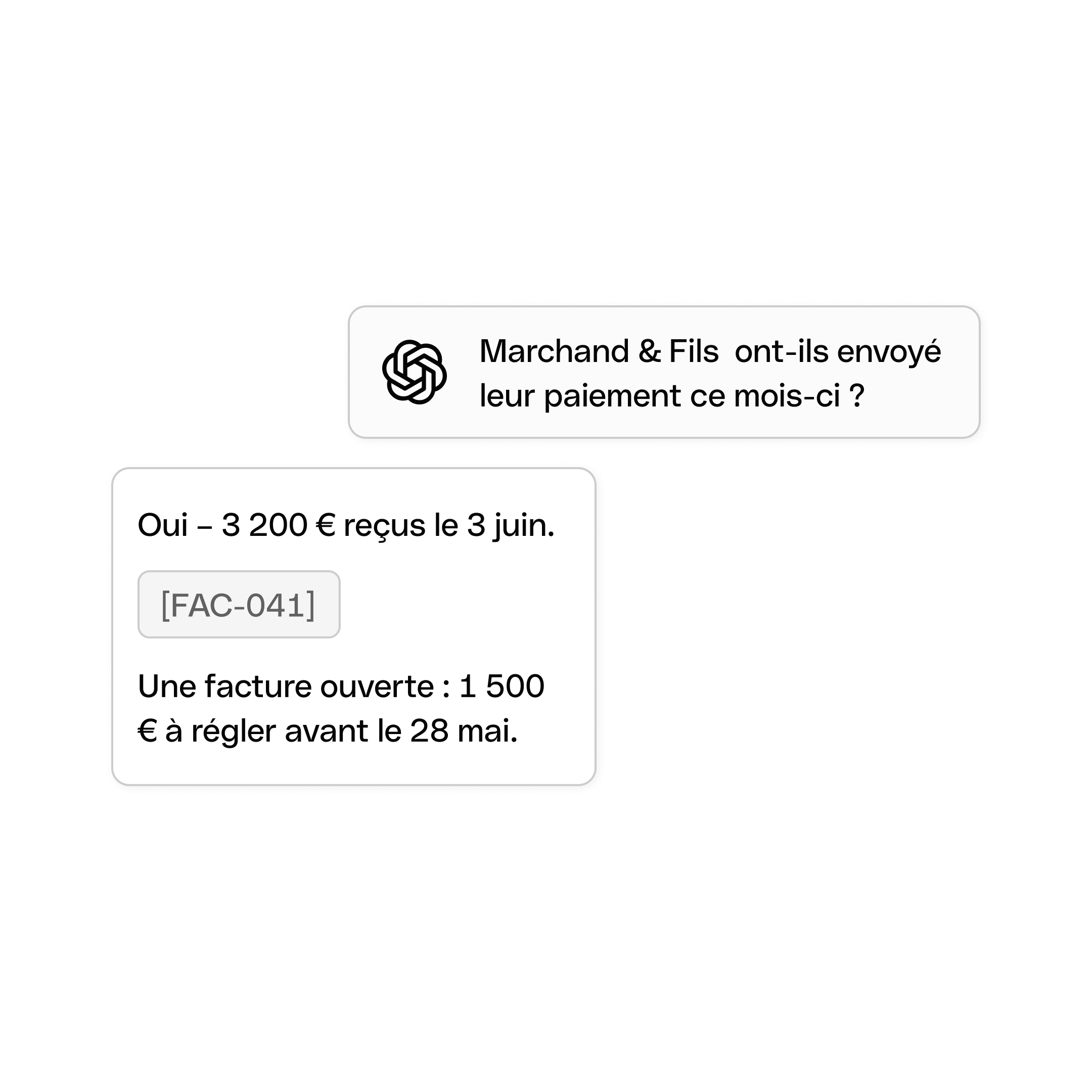 Conversation ChatGPT reliée à Qonto pour retrouver le statut d'une facture client