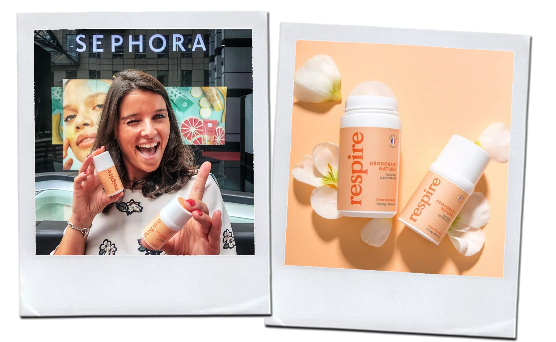 Justine Hutteau présente les premiers déodorants Respire devant un magasin Sephora