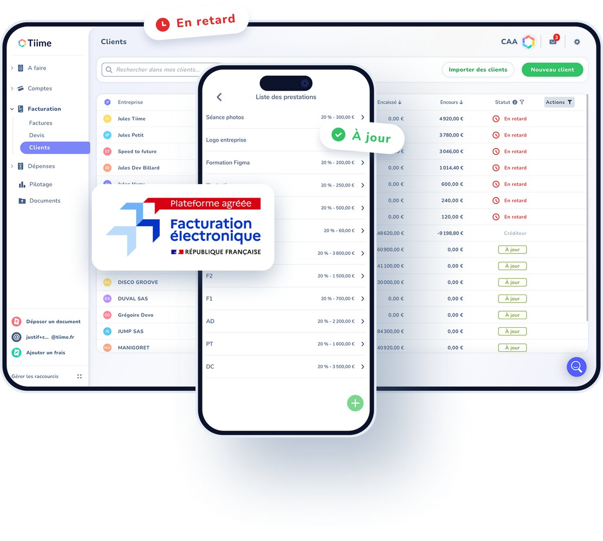 Interface Tiime affichant des factures, échéances et indicateurs de suivi