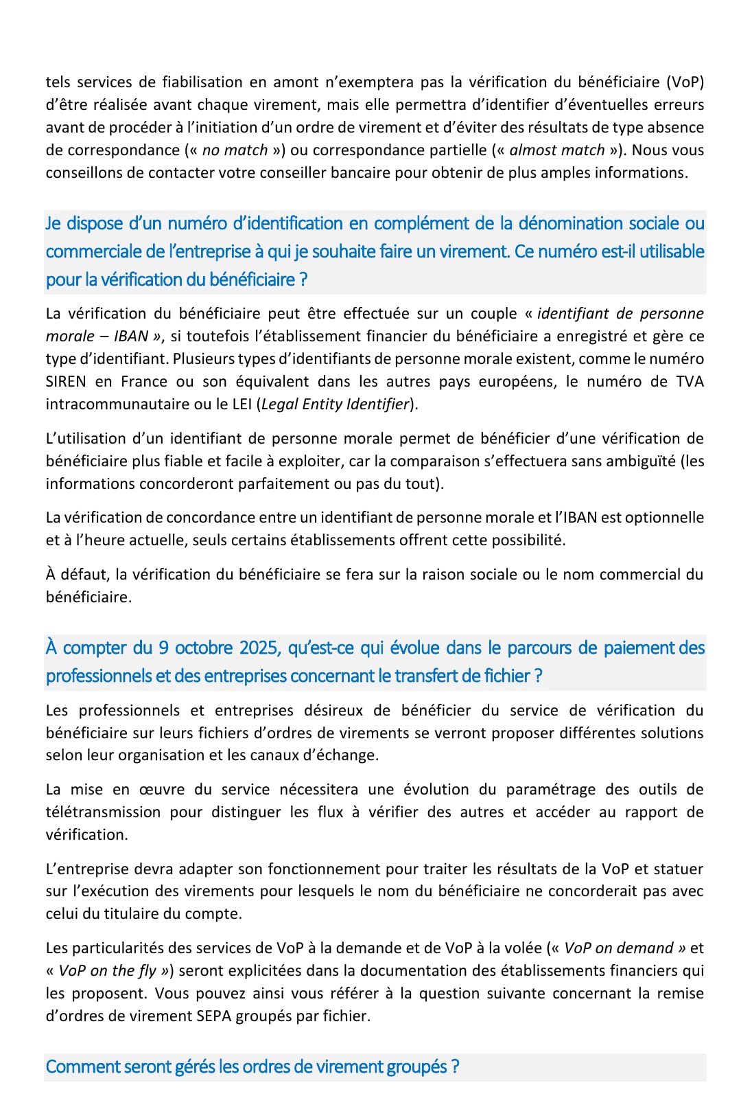 Guide Banque de France sur l'utilisation du SIREN, du numéro de TVA ou du LEI avec la vérification du bénéficiaire