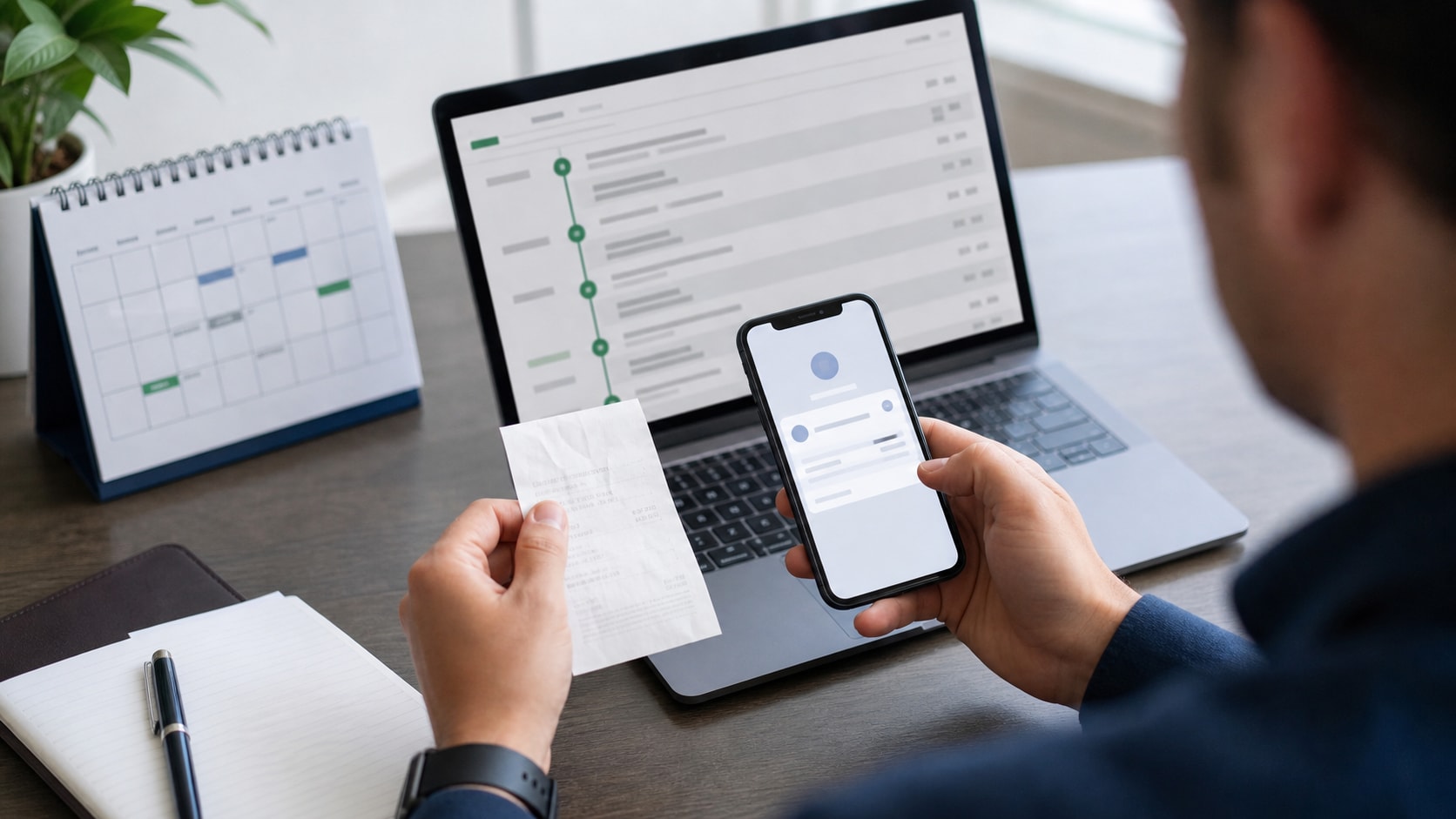 Personne comparant un reçu, une notification mobile et une chronologie d'opérations bancaires