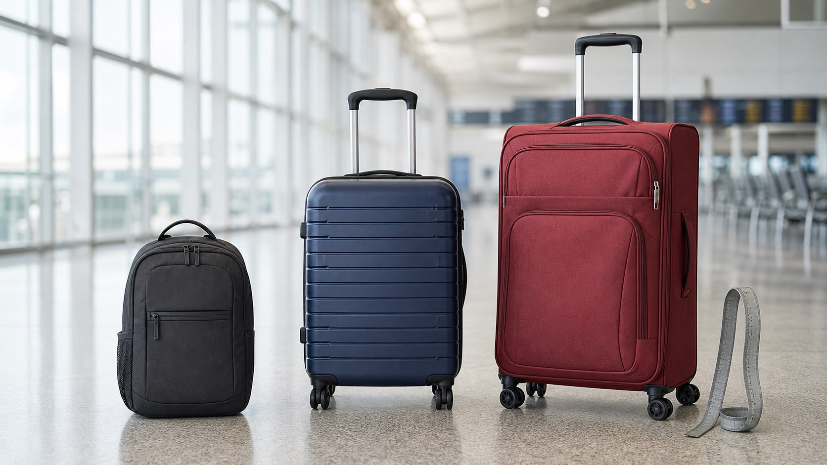 Petit sac à dos, valise cabine et grande valise en soute alignés dans un aéroport