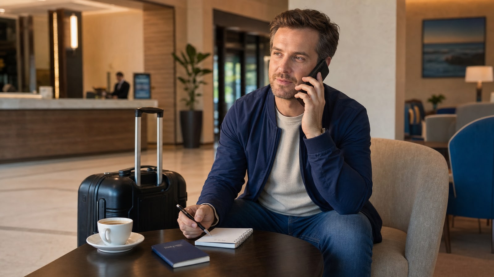 Voyageur appelant son assistance bancaire depuis le salon d'un hôtel avec son passeport et un carnet