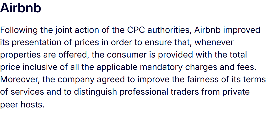 Extrait de la Commission européenne indiquant que le prix Airbnb doit inclure les frais obligatoires applicables