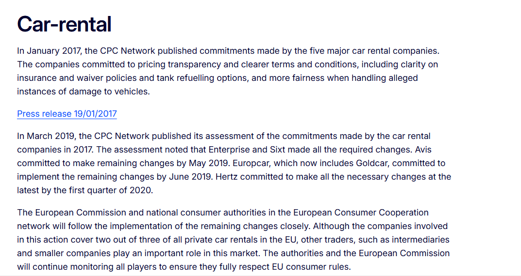 Extrait de la Commission européenne sur les engagements des grands loueurs concernant prix, assurances, carburant et dommages