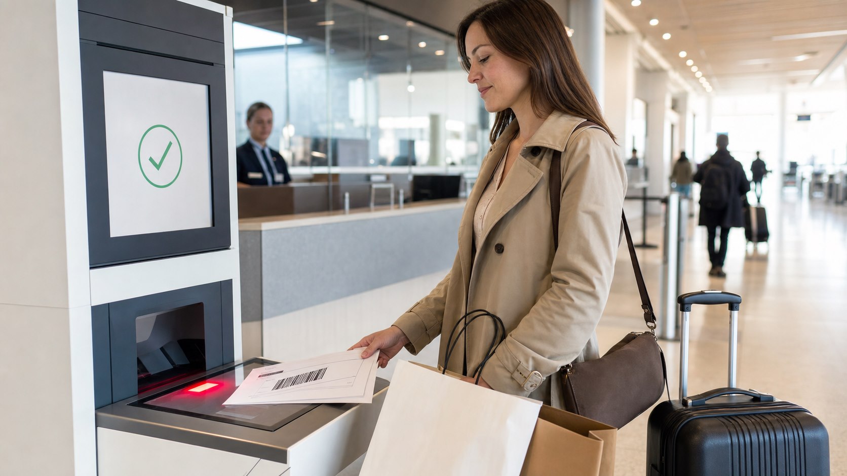 Voyageuse scannant le code-barres d'un bordereau de détaxe sur une borne douanière dans un aéroport