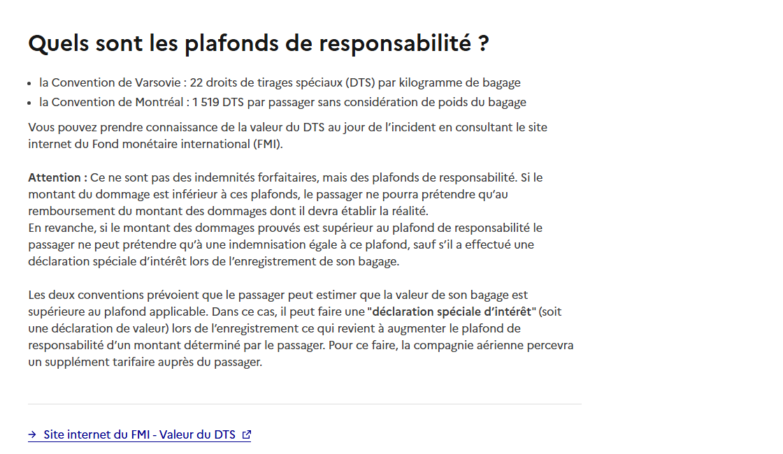 Extrait du site du ministère des Transports expliquant le plafond de responsabilité pour les bagages aériens