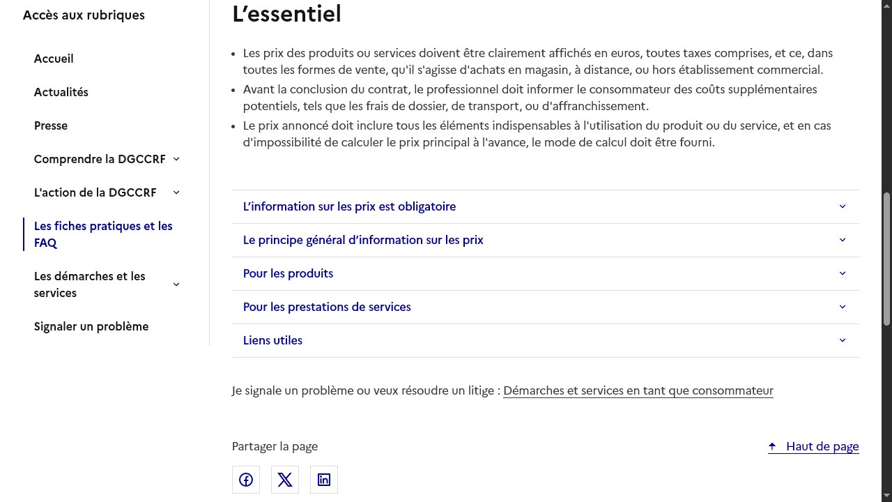 Extrait de la fiche DGCCRF résumant les obligations d'information sur les prix et les frais supplémentaires