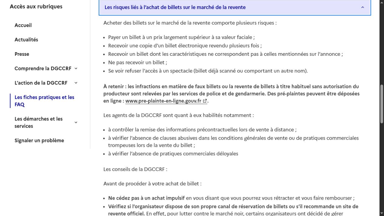 Extrait de la fiche DGCCRF listant les risques liés à l'achat de billets sur le marché de la revente