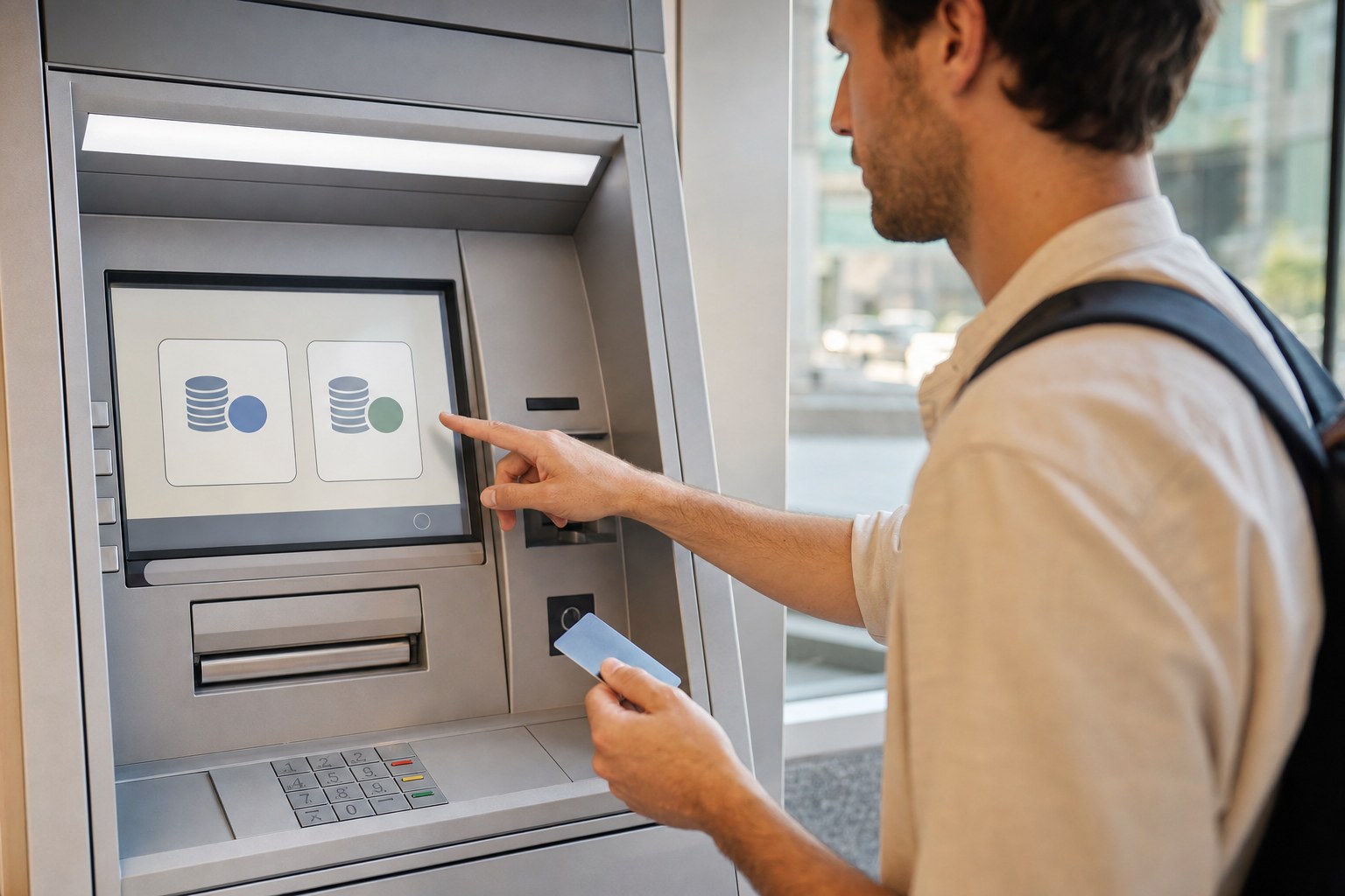 Voyageur choisissant entre deux options de conversion sur un distributeur automatique à l'étranger