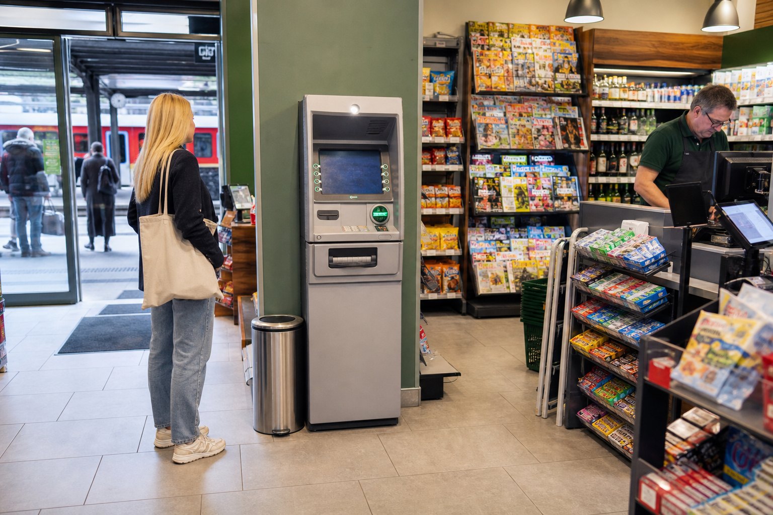 Distributeur automatique installé près de l'entrée d'un commerce de proximité européen
