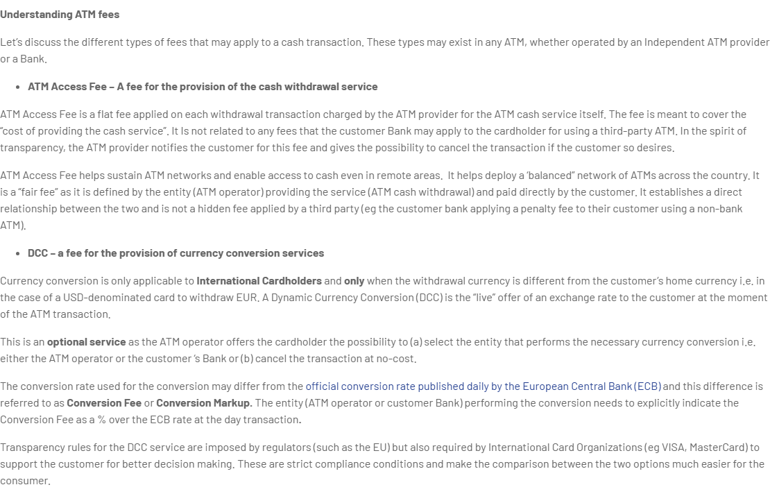 Extrait de la page Euronet distinguant frais d'accès au distributeur et conversion dynamique de devises