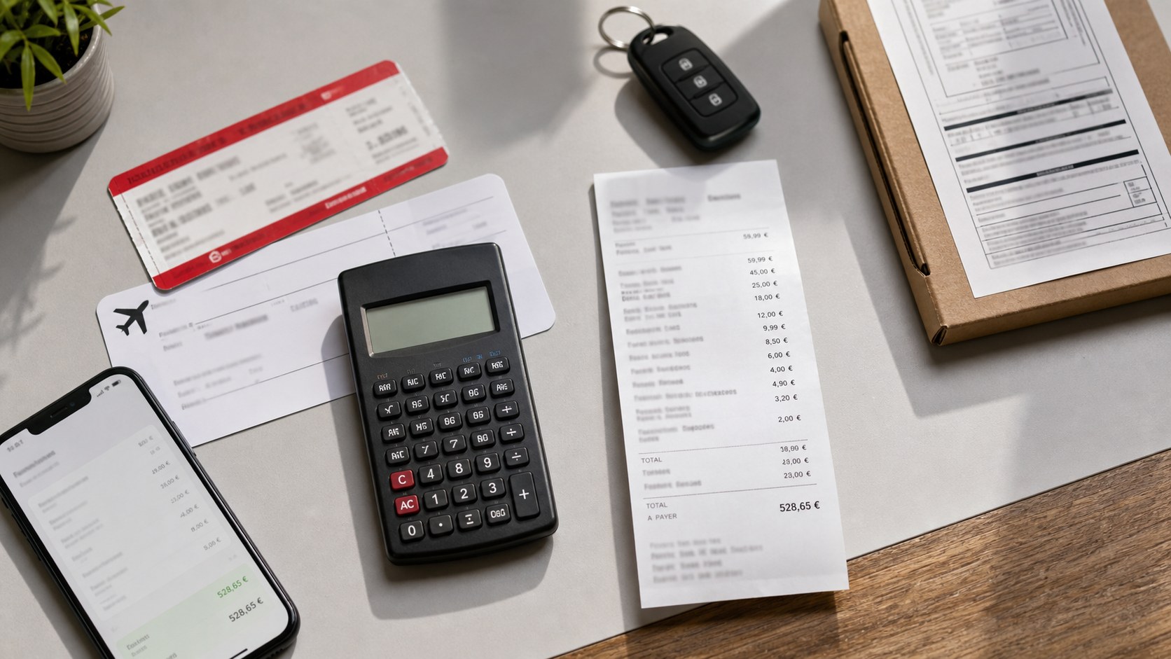 Billet, réservation aérienne, clé de voiture, colis, calculatrice et reçu illustrant l'addition de frais dans plusieurs secteurs